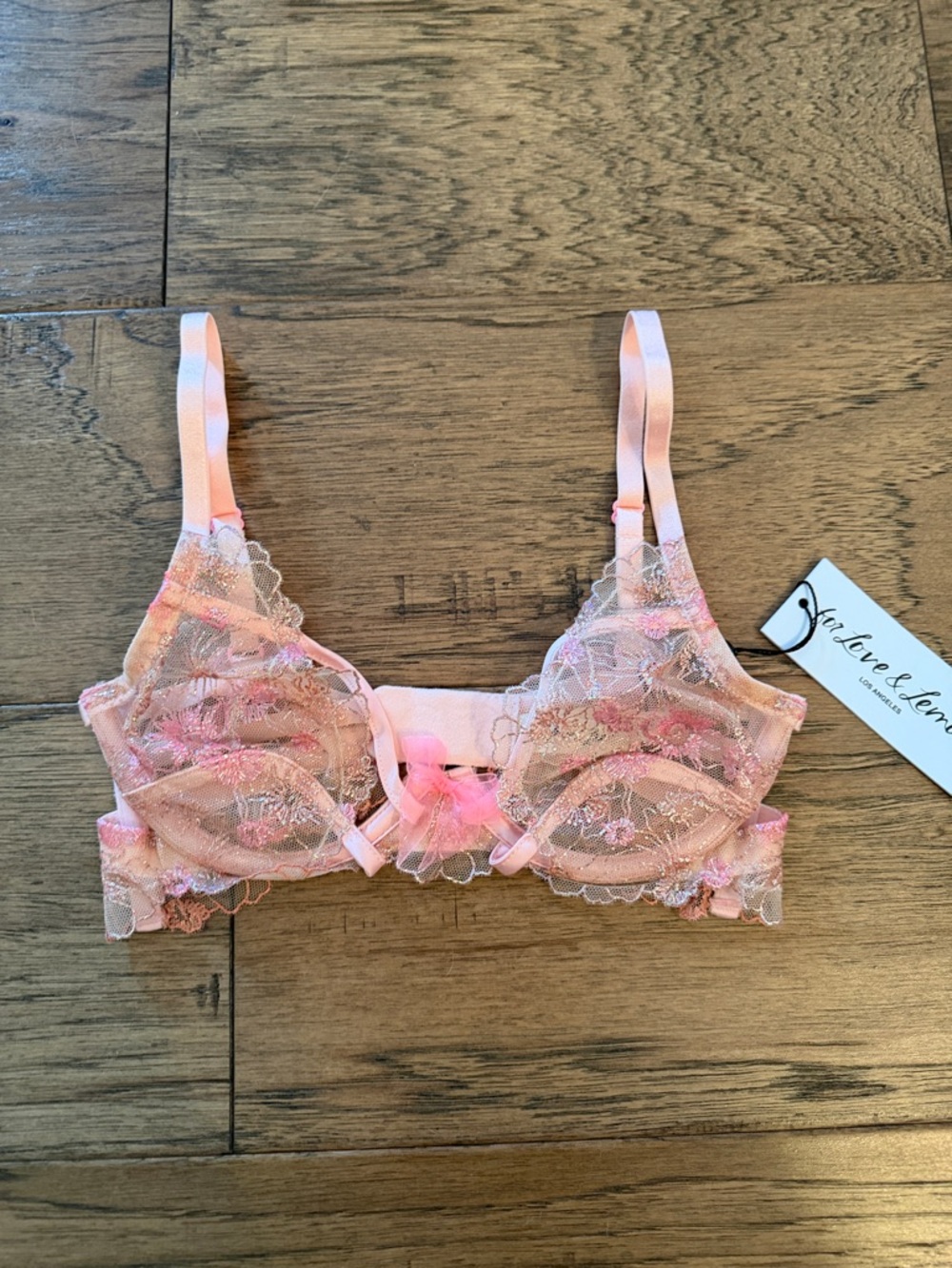 For Love & Lemons Pink Sheer Lace Underwire Bra with Floral Embroidery